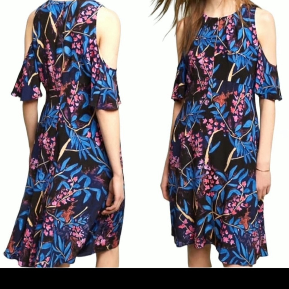 Anthropologie Maeve Elia tropical floral open Shoulder flutter dress size 0